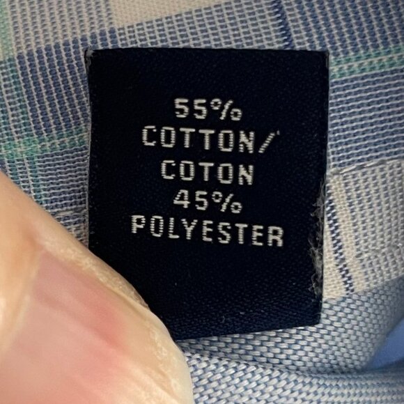 Izod Slim Fit LS Button Down Cotton Poly Plaid Dress Shirt Blue & Wht Sz 17.5 - Picture 11 of 13